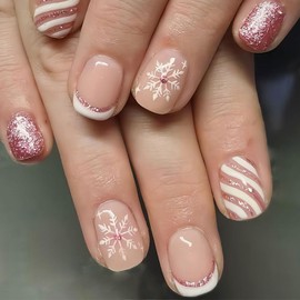 BFY Snowflake Press on Nails Short Square Winter Christmas Fake Nails, White French Purple Glitter Stripes Acrylic Nails Stick Glue on Nails, Shiny False Nails Kits Xmas New Year Accessories 24Pcs