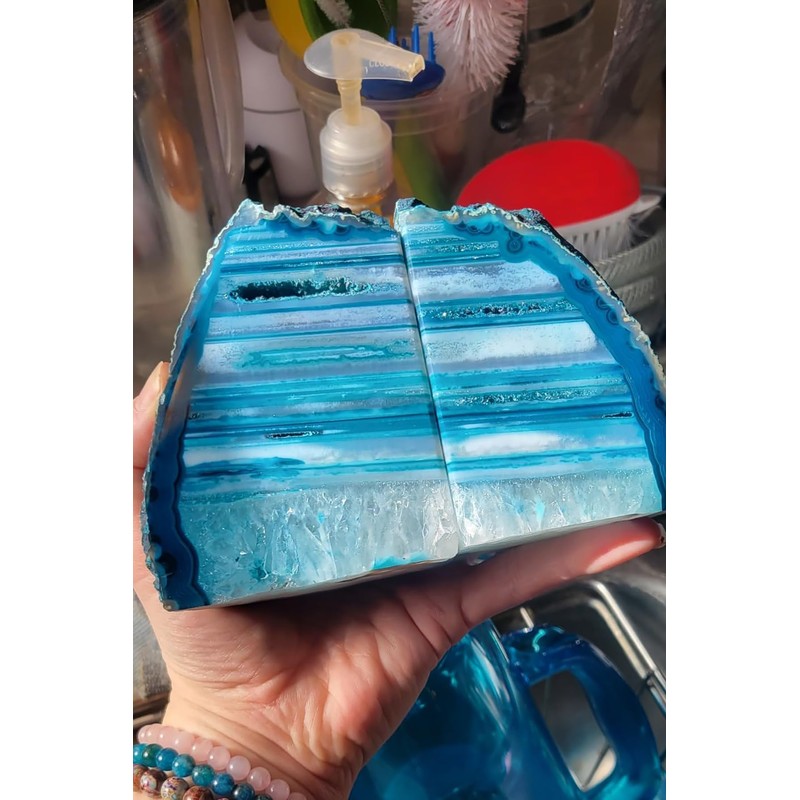 AMOYSTONE Teal Agate Geode Bookends, Unique Natural Crystal Book Holder