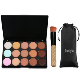 JewelryWe New Professional 15 Color Concealer Camouflage Contour Eye Face Cream Make up Palette with Makeup Brush Powder Brush
