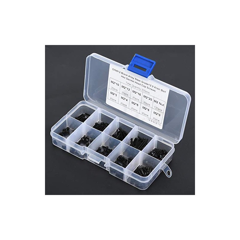 300pcs M2 x 3-20mm 12.9 Grado Hexagonal Negro Tornillo Tornillo