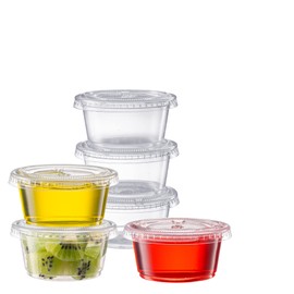 Pantry Value [2 oz. - 100 Count Clear Disposable Plastic Portion Cups with Lids - Small Plastic Condiment Containers for Sauce, Salad Dressings & Portion Control