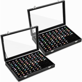 Elsjoy 2 Pack 100 Slots Ring Display Case with Transparent Glass Lid, Black Velvet Ring Organizer Box Large Ring Storage Tray, Vintage Jewelry Holder for Home, Selling
