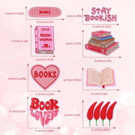 8Pcs Bookish Iron on Patches, Embroidered Patch Pink Sew on Repair Embroidered Applique for Clothes Hats Socks Jeans DIY Accessories Reading Gifts for Women Bookworm