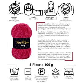 Rome Yarn Softy Velvet Yarn 5 x 100g (3.52 oz) - 120m (131 Yards) | Chunky Chenille Baby Blanket Amigurumi Plush Yarn for Crocheting Knitting (945 Dark Fuchsia)