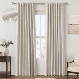 100% Blackout Linen Curtains 84 Inch Length 2 Panels Sand Beige Light Blocking Darkening Living Room Curtains 84 Inches Long Elegant Modern Back Tab Pocket Noise Reducing Drapes for Nursery 52X84