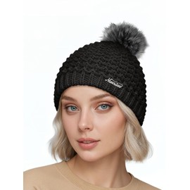 Neverless Women's Knitted Hat Pearl Knit Pattern Bobble Hat Winter Hat without Envelope with Fleece Lining and Faux Fur Bobble Model 1978, black, Unit size