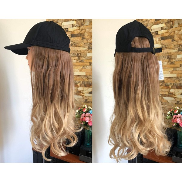 (50cm Wavy + Black Cap, Light brown + sandy blonde) - 50cm 60cm 60cm DevaLook Long Synthetic Straight Wavy Curly Ombre Hooded Wig Hair Extensions with Baseball Cap (50cm Wavy + Black Cap, Light brown + sandy blonde)