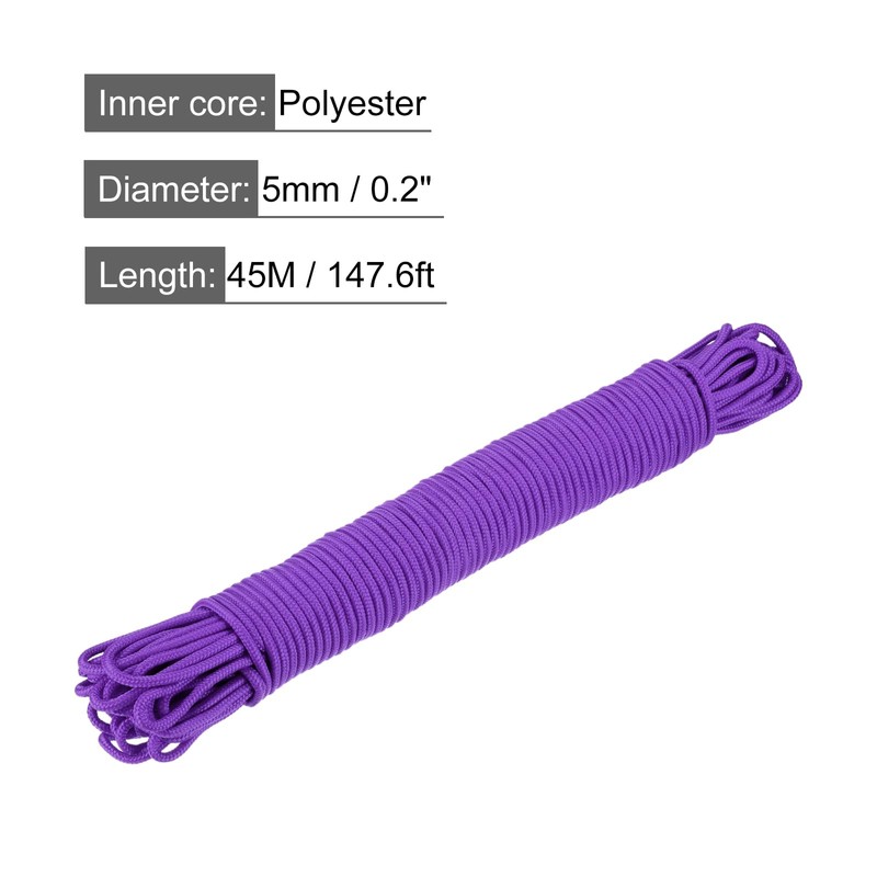 sourcing map Polypropylene Rope Braid Cord 45M/147.6ft 3/16" 5mm Purple