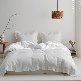 Simple&Opulence 100% Linen Duvet Cover Set, 3 PCS Natural French Flax White Ruffle Duvet Cover Queen Size, Breathable Comfy Linen Bedding Comforter Cover with 2 Pillowcases (White, 88" X 92")