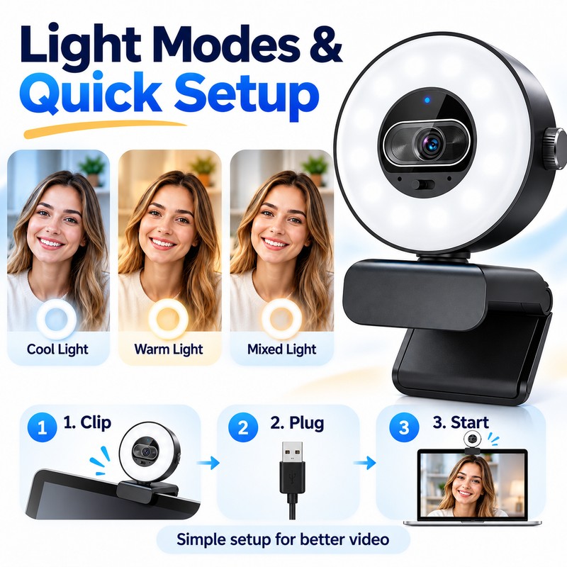 4K Webcam with Ring Light for Video Calls – 1080p