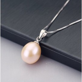 kaguyo 925 sterling silver natural freshwater pearl 9-10 mm pendant necklace+earrings for women girls wedding party (pink)