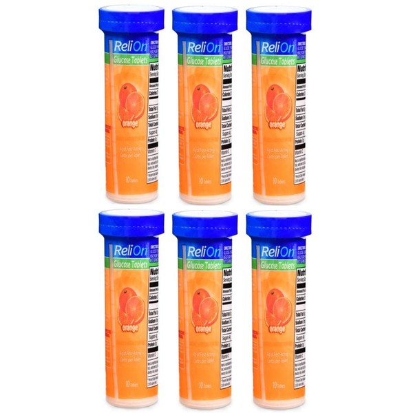 ReliOn Orange Flavor Glucose Tablets - 6 Pack of 10 Tablets Tube