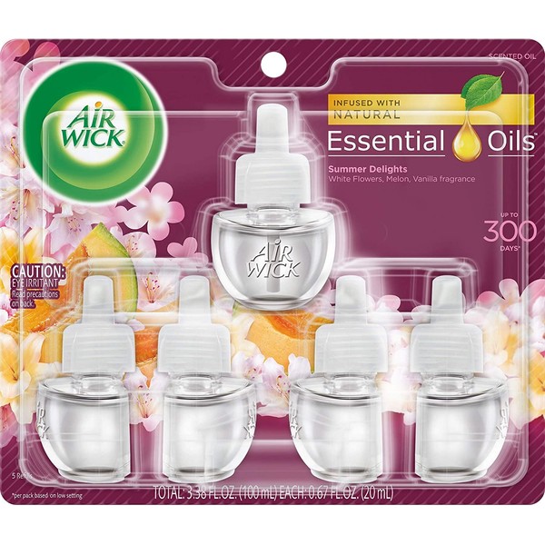 Air Wick plug in Scented Oil 5 Refills, Summer Delights, (5x0.67oz), Essential Oils, Air Freshener