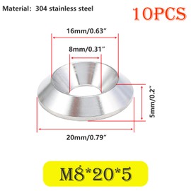 Ctyjia Countersunk Washer, Stainless Steel Washer, M8 x 20 mm Countersunk Washer, Decorative Washers for Countersunk Screws Pack of 10