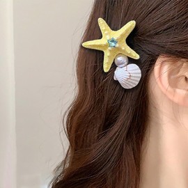 Sttiafay Large Starfish Hair Barrette Pearl Shell Hair Clips Summer Starfish Seashell Hairclips Yellow Resin Sea Star Hairpins Hawaiian Beach Hairclip for Women and Headdress