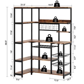 IRONCK Large Bakers Rack with Power Outlet, 6-Tier Corner Microwave Stand, Industrial Coffee Bar with Wine Rack, Hooks & Wire Baskets for Kitchen Spices/Pots, Rustic Brown
