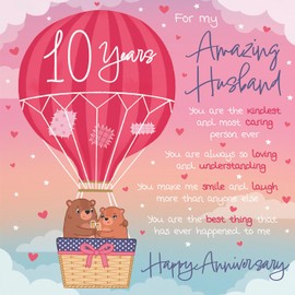 Hunts England - Husband 10th Anniversary Poem Card - Love Is In The Air - Beautiful Love Verse - Cute Bears - Luxury 10th Anniversary Card For Husband - Romantic 10 Years Husband Anniversary Card