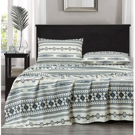 Chezmoi Collection 4-Piece Southwestern Tribal Lodge Bed Sheet Set, Full Size - Ivory Navy Brown Red Printed Microfiber Soft Breathable Deep Pocket Sheets and Pillowcases Set