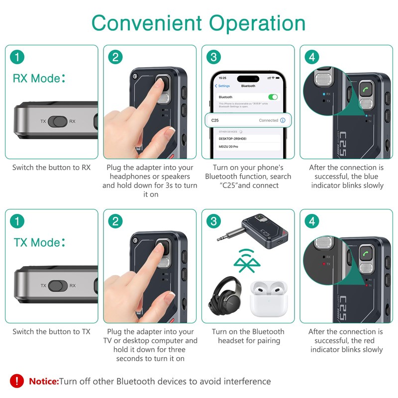 ORIA Bluetooth Adapter Car, 2 in 1 Bluetooth 5.3 Receiver