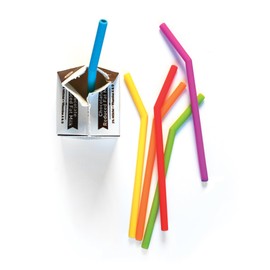 RSVP International Reusable Straw Set Dishwasher Safe, 6 Inch Rainbow with Brush, Silicone Curved