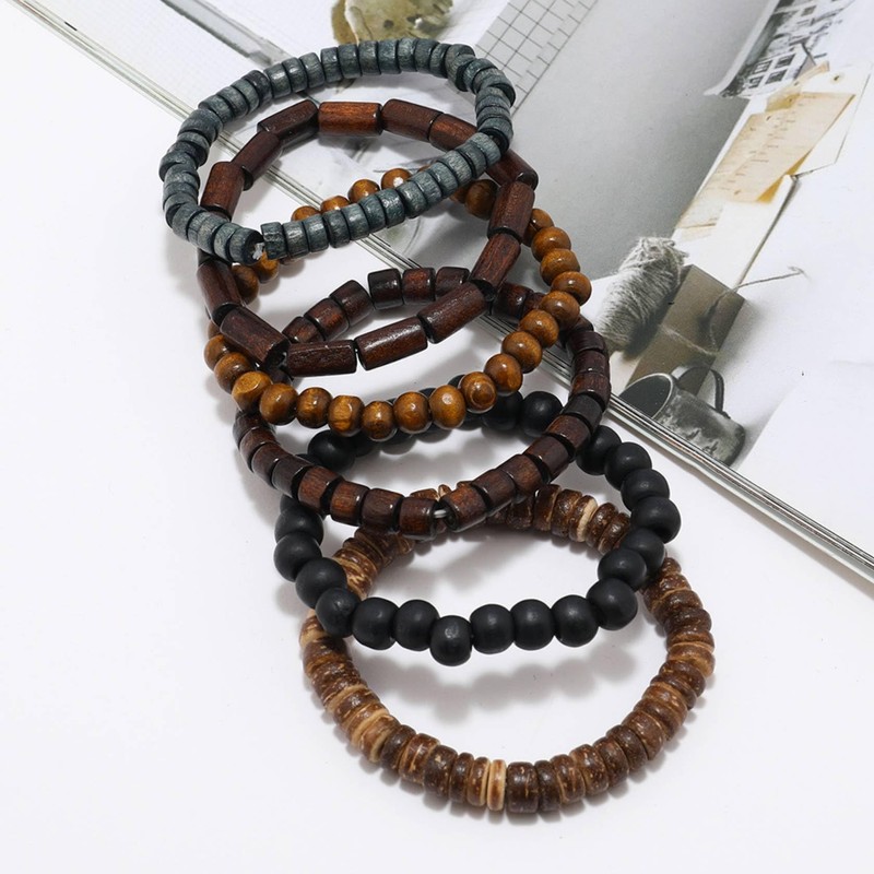 MILAKOO 6Pcs Wooden Bracelet Multilayer Grunge Set Stretch Bracelets Wrap