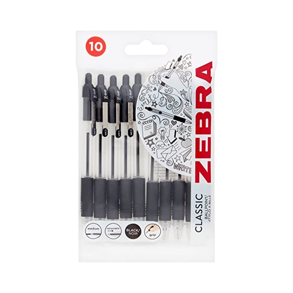 ZEBRA Pen Z Grip Black Pens Ballpoint, Smooth & Funky ZEBRA Pens With Pocket Clip- 10pk,packaging may vary