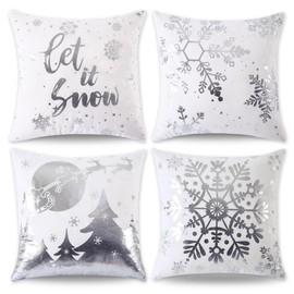 JOJOGOGO Christmas Decorations Silver and White Christmas Pillow Covers 18x18 Set of 4 Snowflake Decorative Throw Pillows Let It Snow Winter Holiday Christmas Decor for Couch Bedding Living Room