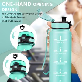 Drinking Bottle 1 Litre, Sports Water Bottle with Time Marking, Can Be Carried, Leak-Proof, Motivational Water Bottle, Bottle for Running, Camping, Hiking, Yoga, Green