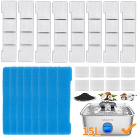 SIBAYS Dog Water Fountain Filter Replacement, 4Gal/15L Pet Fountain Filters, Made of Activated Carbon and PP Cotton, 8 Pack Pet Water Fountain Filters, 8 Pack Pre-Filter Sponge with 8 Pump Sponge