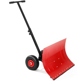 Snow Shovel with Wheels,29.1" W x 19.3" H Heavy Duty Snow Pusher for Driveway,Ergonomic Snow Pusher Shovel with Snow Removal Adjustable Angle & Height Handle for Driveway, Pavement (Red)