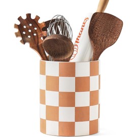 Swkien Utensil Holder，7.2 Inch Checkered Utensil Holder, Ceramic Cooking Utensil Spoon/Spatula Holder for Countertop, Kitchen Decor and Accessories for counte(Brown)