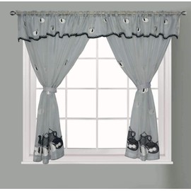 Householdfurnishing Embroidered Kitchen Window Pair Curtains Set Rod Pocket with Attached Valance & Tiebacks (Silver, W 48 x L 42 Inch)