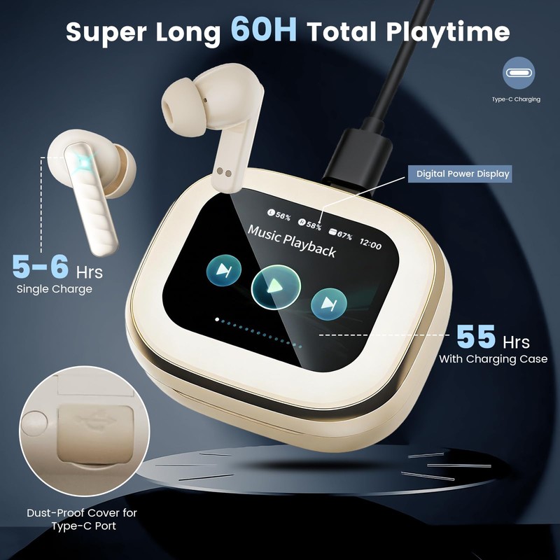 QJF Wireless Earbuds with Smart Touch Screen Bluetooth in-Ear Headphones
