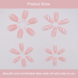 24 PCS Press on Nails White Edge Fake Nails Medium Fake Nails Snowflake Fake Nails Geometric Striped Fake Nails Wearable Fake Nails Gifts for Women and Girls