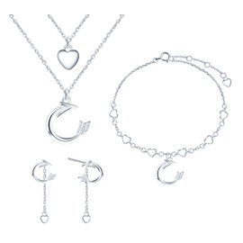 MICMIF Jewellery Set 3 Pieces for Women, 925 Sterling Silver Arrow Heart Necklace Bracelet and Earrings Set, Women's Jewellery Set Arrow Heart Chain Silver for Girls Women Party, Sterling Silver, No