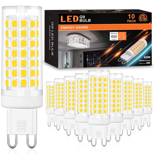 hansang 10 Pack G9 LED Bulbs 4000K Natural Daylight 6W (60W Halogen Equivalent) T4 Chandelier Light Bulbs G9 Bi Pin Ceramic Base, No-Flicker AC120V 600LM 360°Beam Angle No-Dimmable