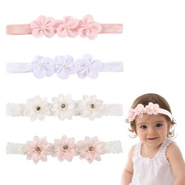 TRKETK 4 Pcs Baby Flower Headbands Nylon Lace Petals Hairband Cute Lace Pearl Ribbon Flower Headbands for Children Girls Hair Accessories Hairband Gifts Photography (2 Colors)