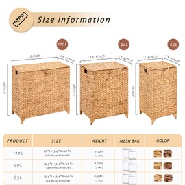 LGENHOOM Handwoven Laundry Hamper with Lid, Natural Hyacinth Heightened Feet Laundry Basket, Wicker Clothes Hamper with Removable Liner Bag for Clothes and Towels