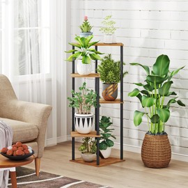 HAYOFAMY 5 Tier Plant Stand Indoor, Tall Plant Shelf Metal Wood Multiple, Flower Pot Holder for Living Room Office Balcony Patio, Rustic Brown