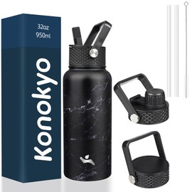 Konokyo - Botella de agua aislada de acero inoxidable con 3 tapas, color mármol medianoche