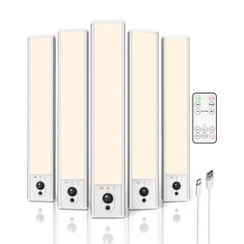 EZVALO 5 Pack Under Cabinet Lighting, Rechargeable Motion Sensor Light, LED Closet Lights Wireless, 3500K Dimmable, Timer, Magnetic, with Remote Control for Kitchen, Closet, Stair