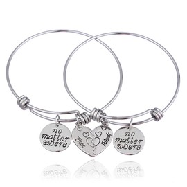 lauhonmin 2pcs BBF Best Friends No Matter Where Compass Split Broken Heart Double Bracelets Set Friendship Gift (Expandable Bangle)