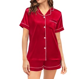 SWOMOG Couple Matching Pajamas Sets Women & Men Button Down Silk Pjs Short Sleeve Soft Lounge Sets 2 Pcs Loungewear Light Red