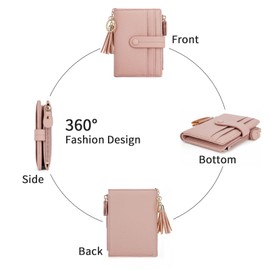 HKCLUF Small Purses for Women, Leather Wallet RFID Blocking Credit Card Holder Bifold Ladies Coin Purse with Tassel(Pink)