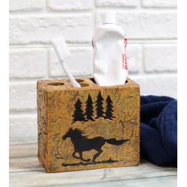 Rustic Western Mustang Horse Pine Trees Silhouette Toothbrush Toothpaste Holder