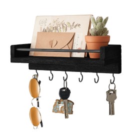 Mkono Key Holder for Wall, 9.5" x 3.5" x 2.5" Small Black Wood Floating Shelf with 6 Hooks Decorative Display Key Hanger for Living Room, Entryway, Bedroom, Bathroom,Office, Rustic Home Decor