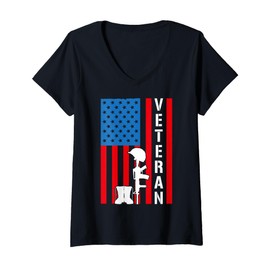 Womens American Veterans Flag Ex-Military Mom Veteran Dad Grandpa V-Neck T-Shirt