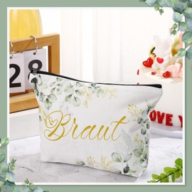 Ylinge Bride Makeup Bag Bride Gifts Cosmetic Bag Bride Canvas Makeup Bag Bride Travel Makeup Bag Party Bag Decoration for Wedding Engagement Bridal Shower JGA 23 x 15 cm, gold, bridal eucalyptus