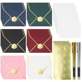 30 Pcs Coloured Envelopes,13.5 * 18.5 cm Luxury Invitation Envelopes with V-Flap Gold Foil Edge,Gift Envelope with 30 Blank Cards,30 Stickers and 2 Marker Pens for DIY Invitations,Wedding or Festival
