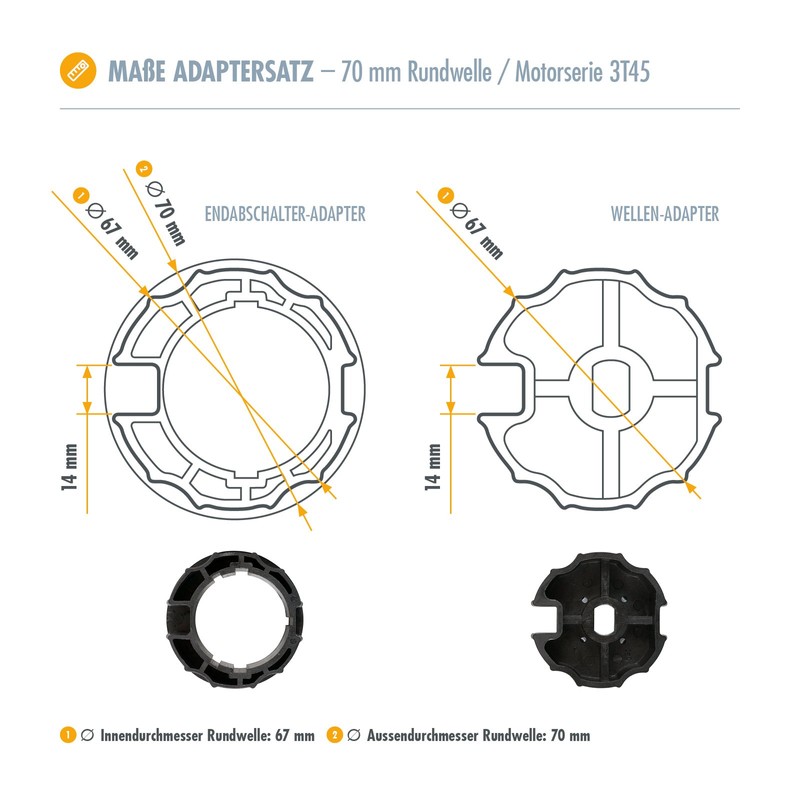 3T-MOTORS Adapter 70 mm for Awning Round Shafts, Adapter Set